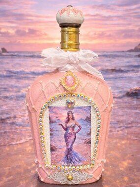 Pink Hand Painted Mermaid Bottle | Upcycled Recycled Liquor Bottle | Mermaid Art